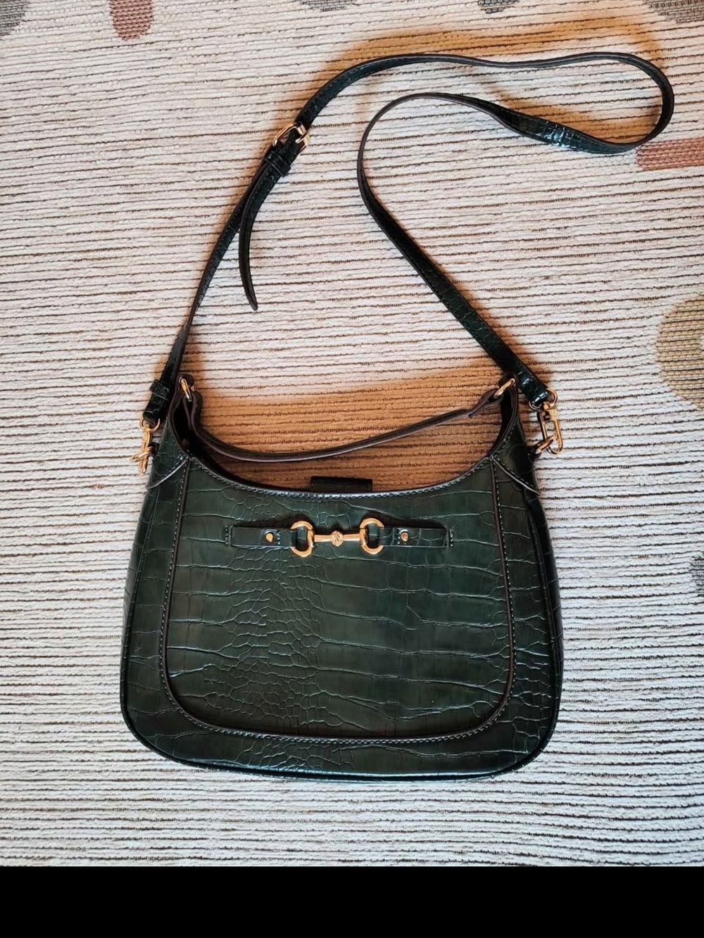 Dark Green Croc-Embossed Shoulder Bag Crossbody with Gold Horse Bit Hardware